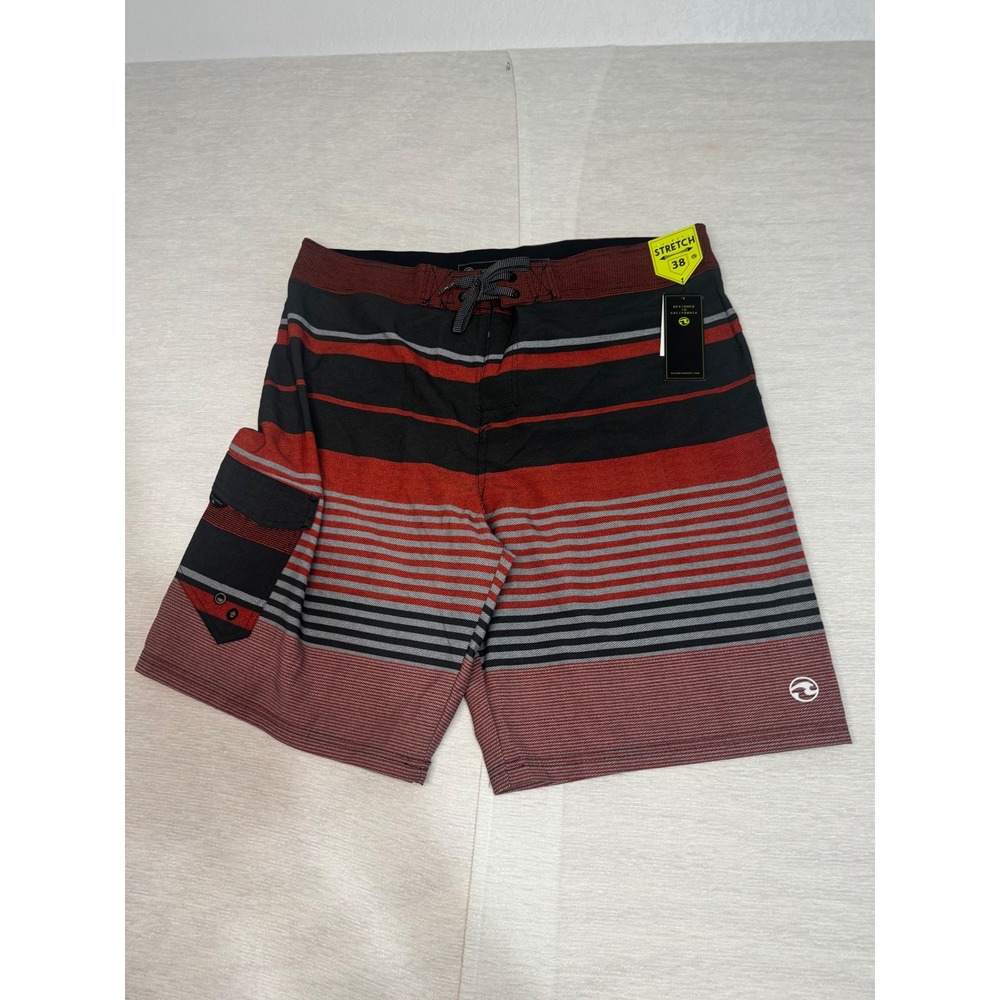 OceanCurrent Mens Board Shorts Size38 Red Black Striped 4-Way Stretch SwimTrunks